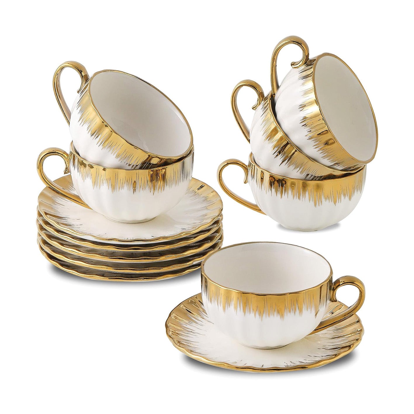 Ceramic Cup Set 6pcs Cups/Saucers White + Gold